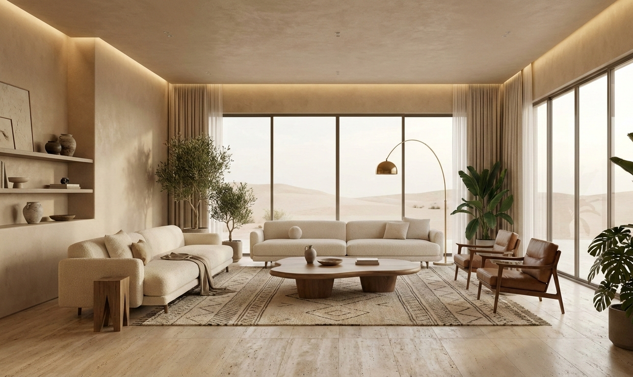 Modern luxury living room interior in Kuwait showcasing 2026 design trends with warm tones, textured finishes, and elegant contemporary furniture by Fourline Interior.