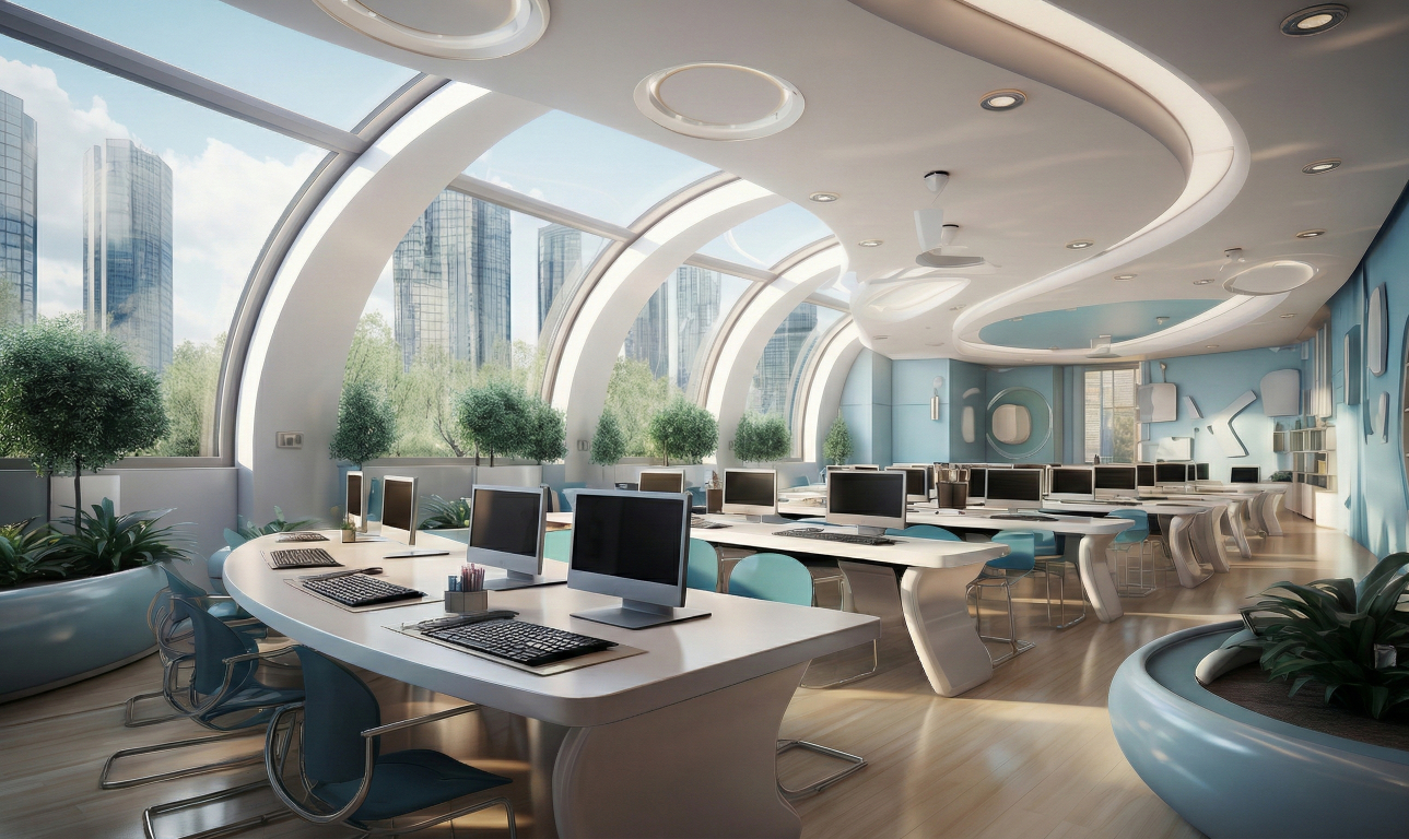 Modern office interior design in Kuwait highlighting 2026 workplace trends such as ergonomic furniture, smart lighting, and collaborative spaces by Fourline Interior.