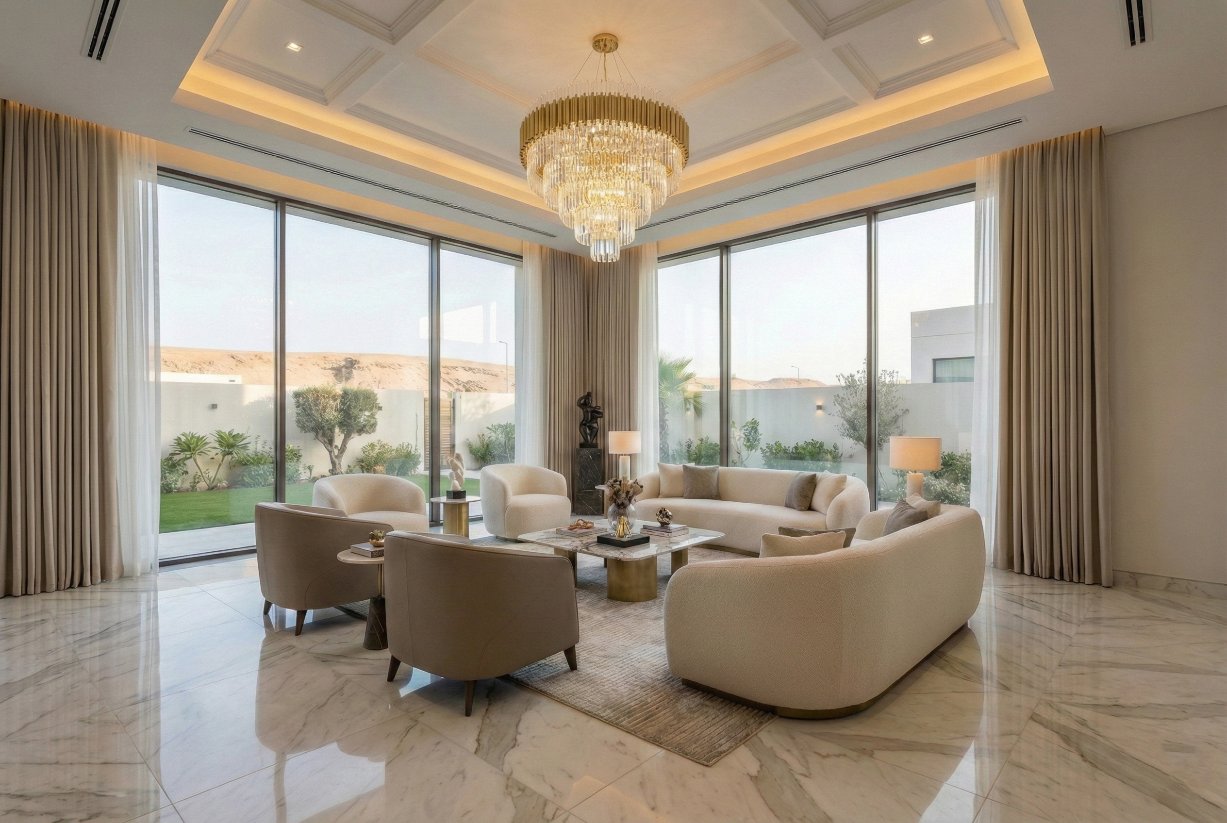 Luxury residential interior design in Kuwait by Fourline Interiors featuring modern villa living room with premium finishes and elegant décor.